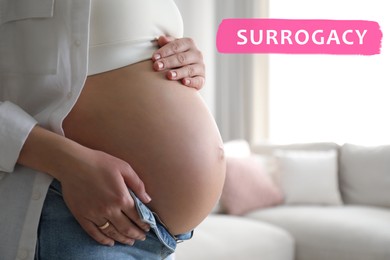 Image of Surrogacy. Pregnant woman touching her belly indoors, closeup