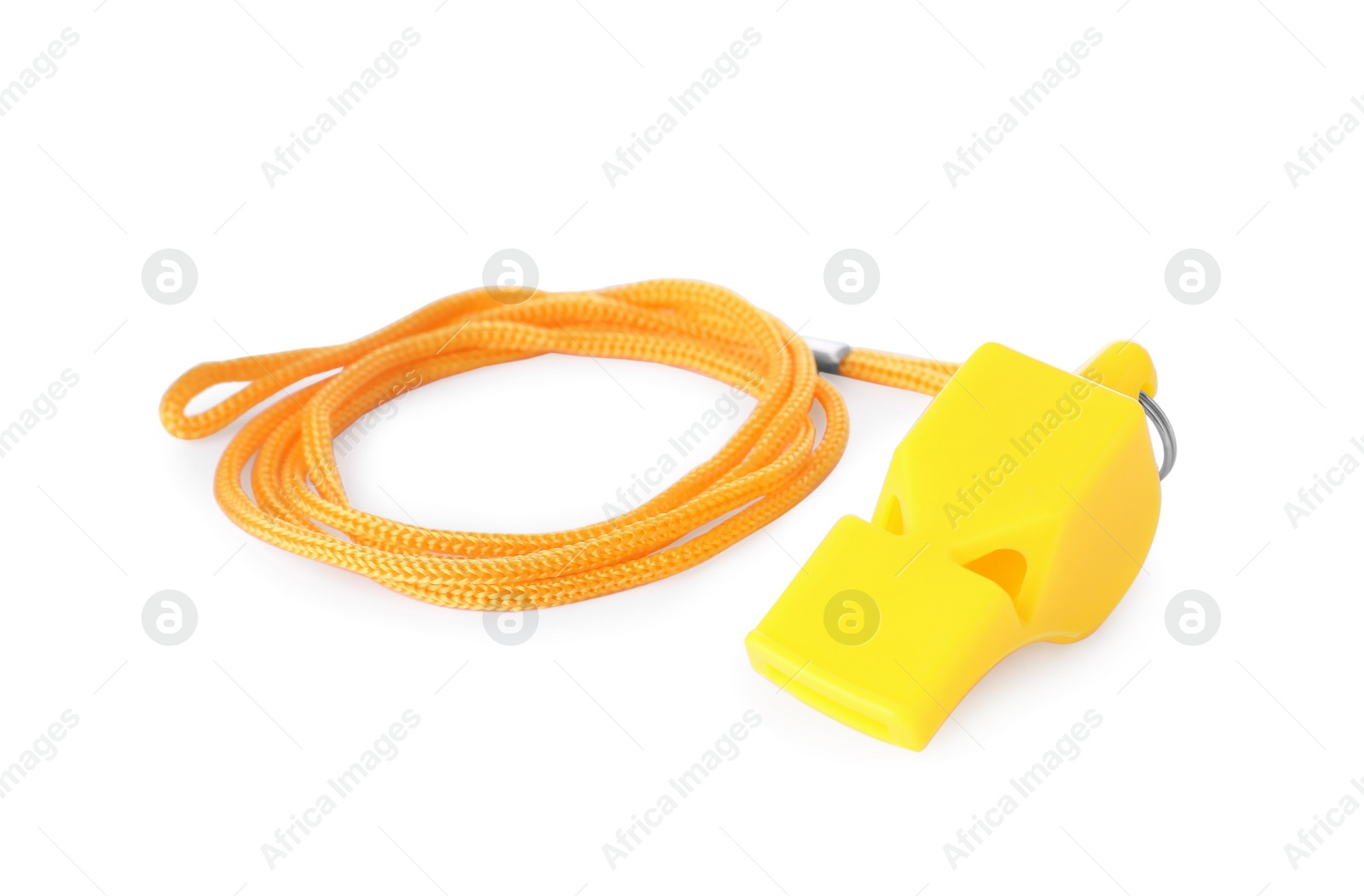 Photo of One yellow whistle with orange cord isolated on white