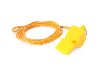 One yellow whistle with orange cord isolated on white