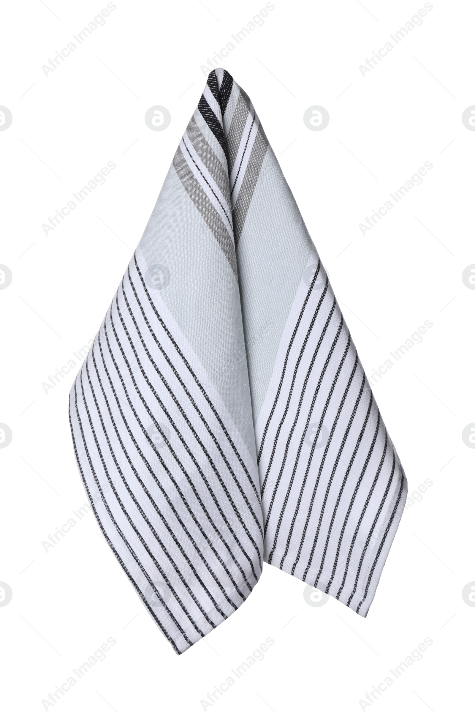 Photo of Grey striped fabric napkin isolated on white