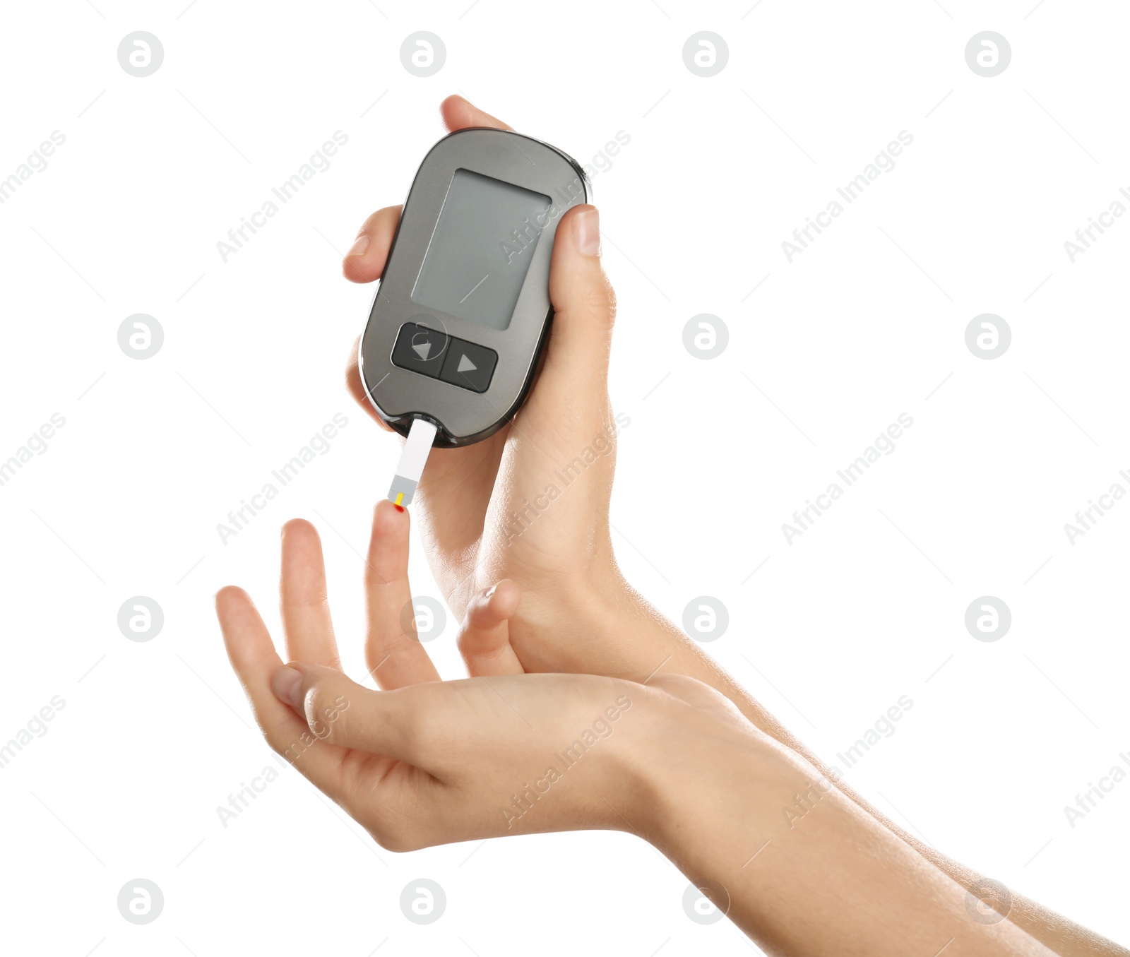 Photo of Woman checking blood sugar level with glucometer on white background. Diabetes test