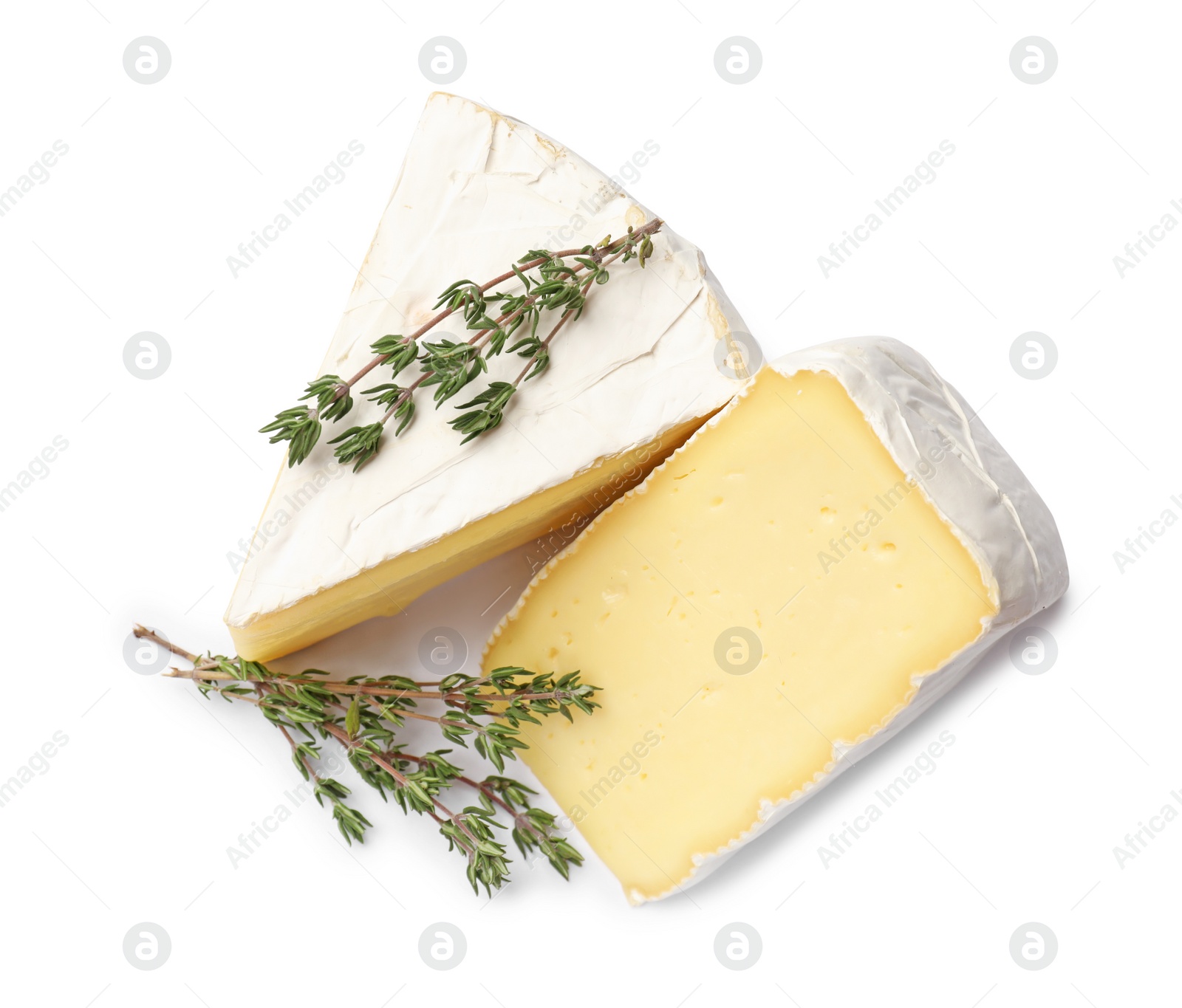 Photo of Piece of tasty camembert cheese and thyme isolated on white, top view