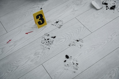Photo of Footprints on wooden floor. Evidence at crime scene