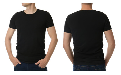 Man in black t-shirt on white background, closeup