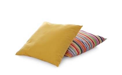 Photo of Different colorful pillows on white background