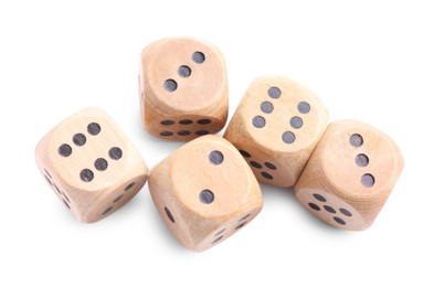 Many wooden game dices isolated on white, above view