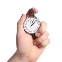 Photo of Man holding vintage timer on white background, closeup