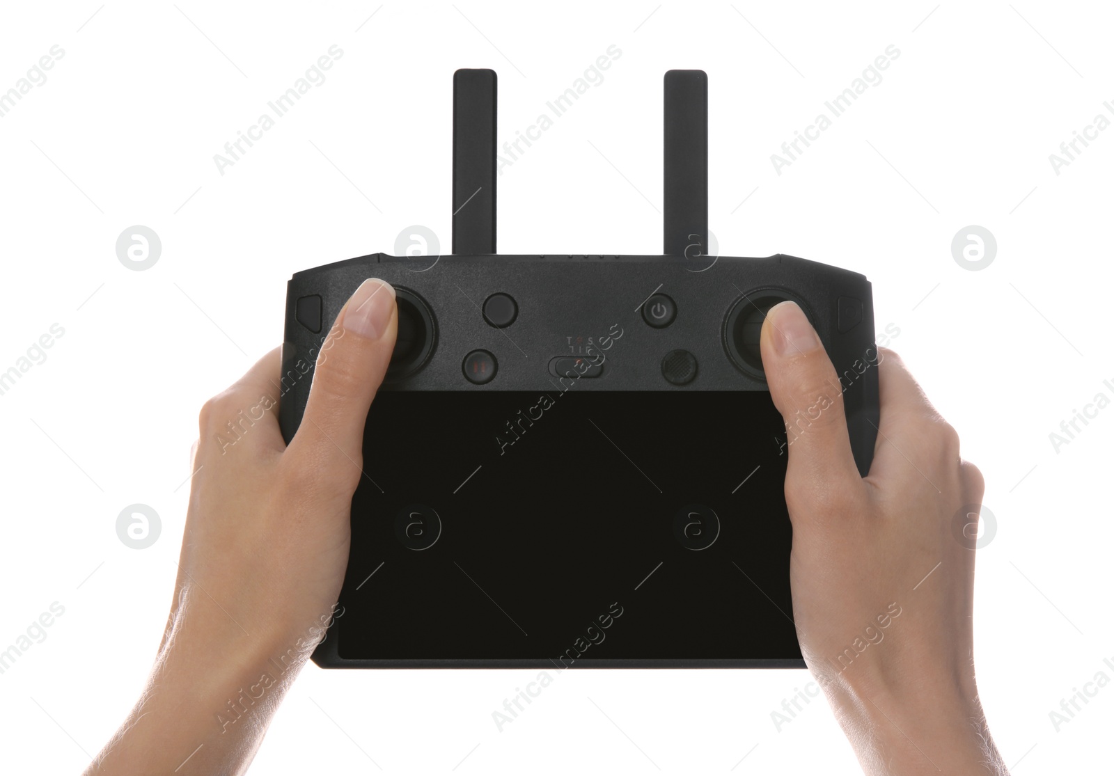 Photo of Woman holding modern drone controller on white background, closeup of hands