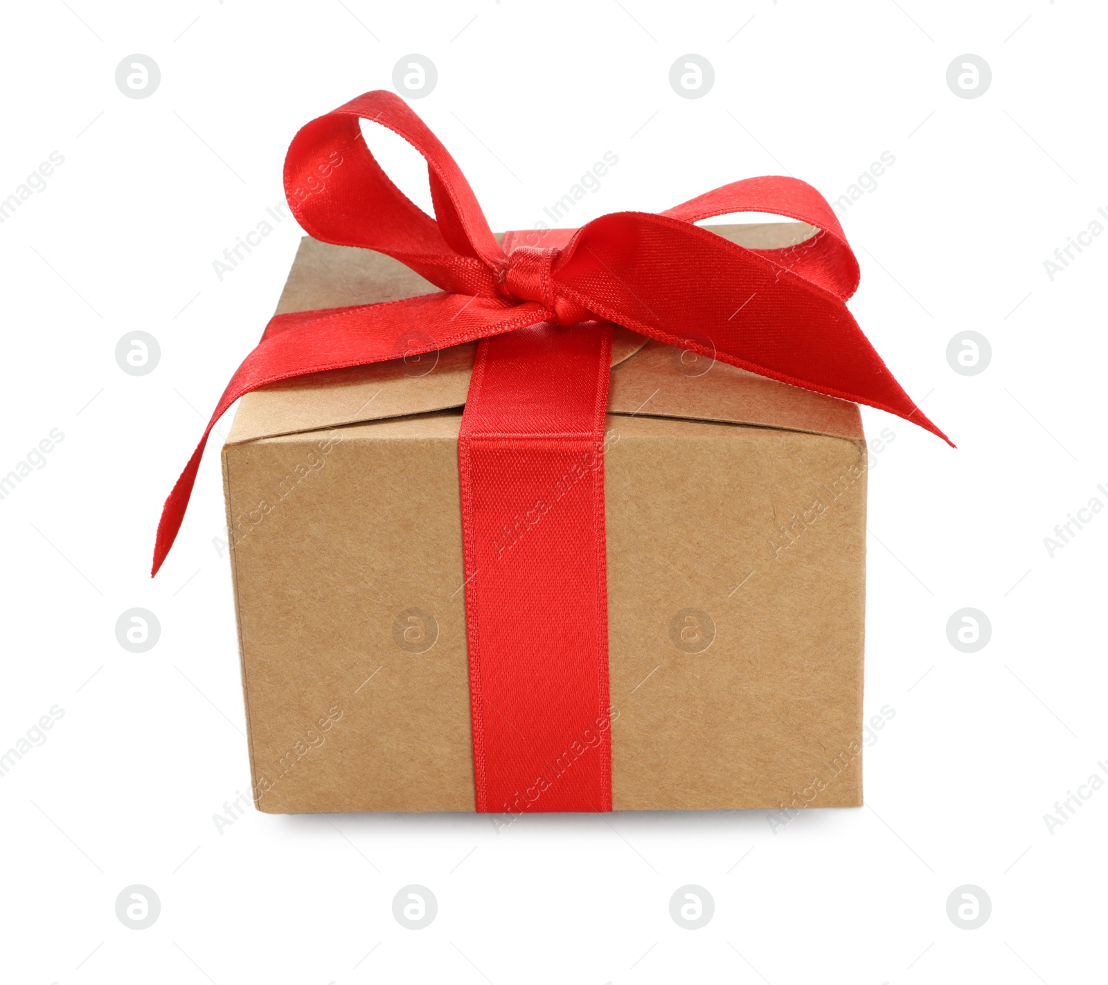 Photo of Christmas gift box decorated with red bow isolated on white