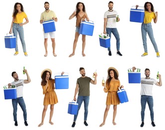 Image of Collage with photos of people holding cool boxes on white background
