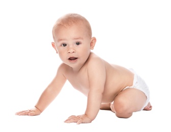 Photo of Cute little baby crawling on white background