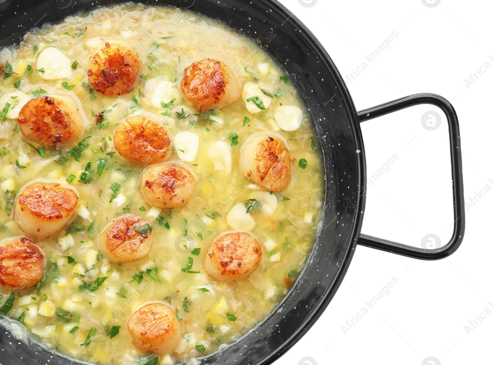 Photo of Fried scallops with sauce in dish isolated on white, top view