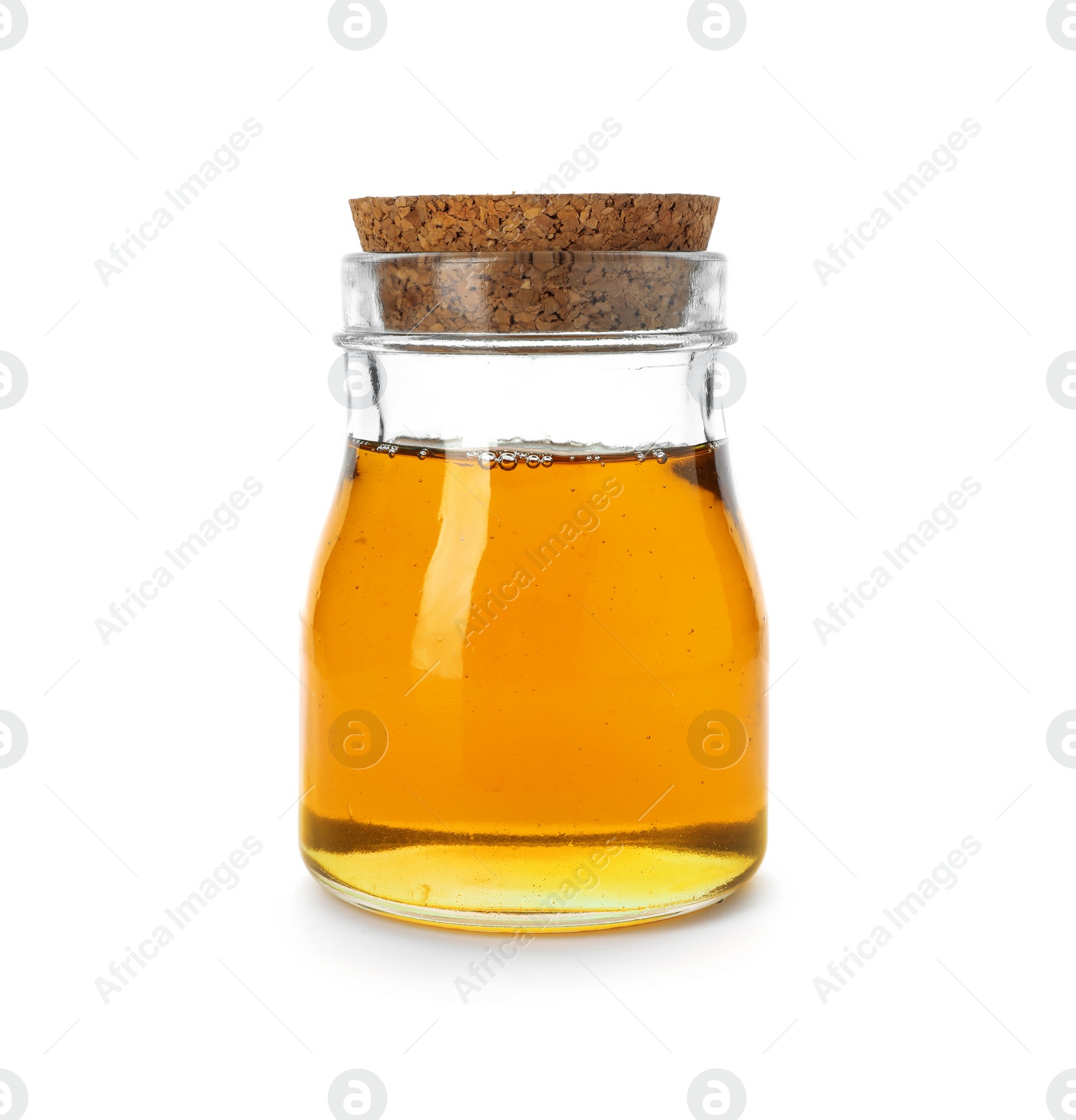 Photo of Jar with delicious honey on white background