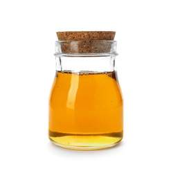 Photo of Jar with delicious honey on white background