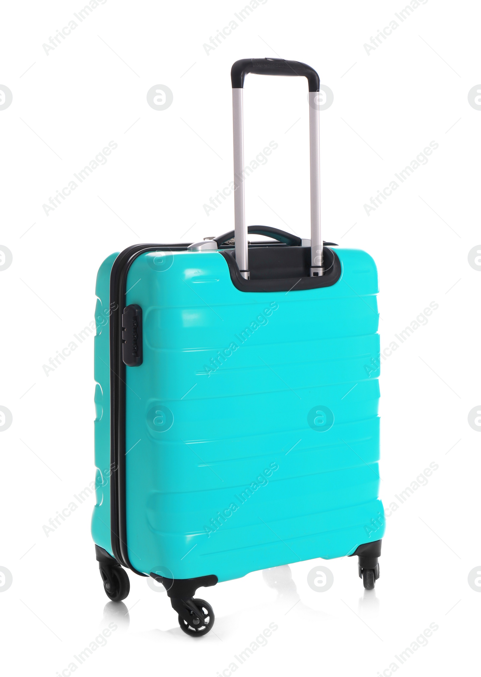 Photo of Modern suitcase for travelling on white background