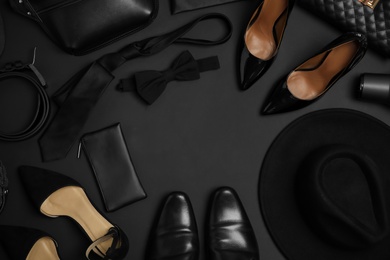 Frame of stylish accessories and shoes on black background, flat lay. Space for text