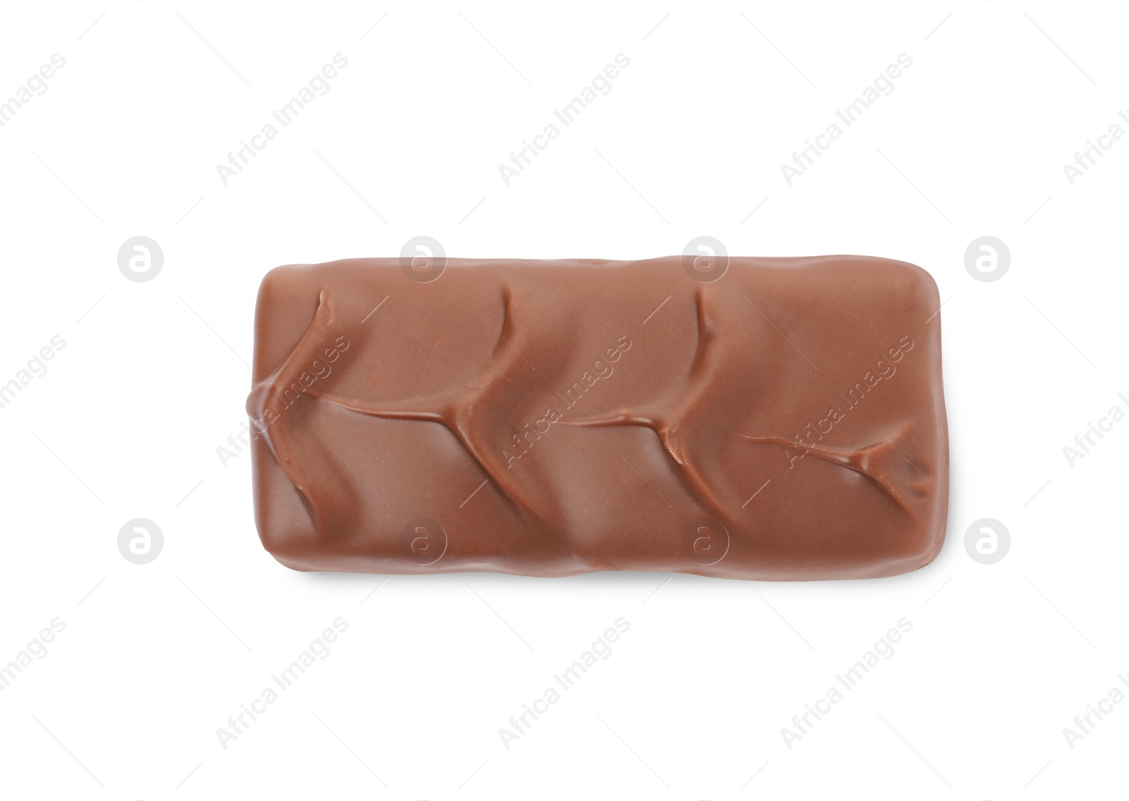 Photo of Delicious sweet chocolate bar isolated on white, top view