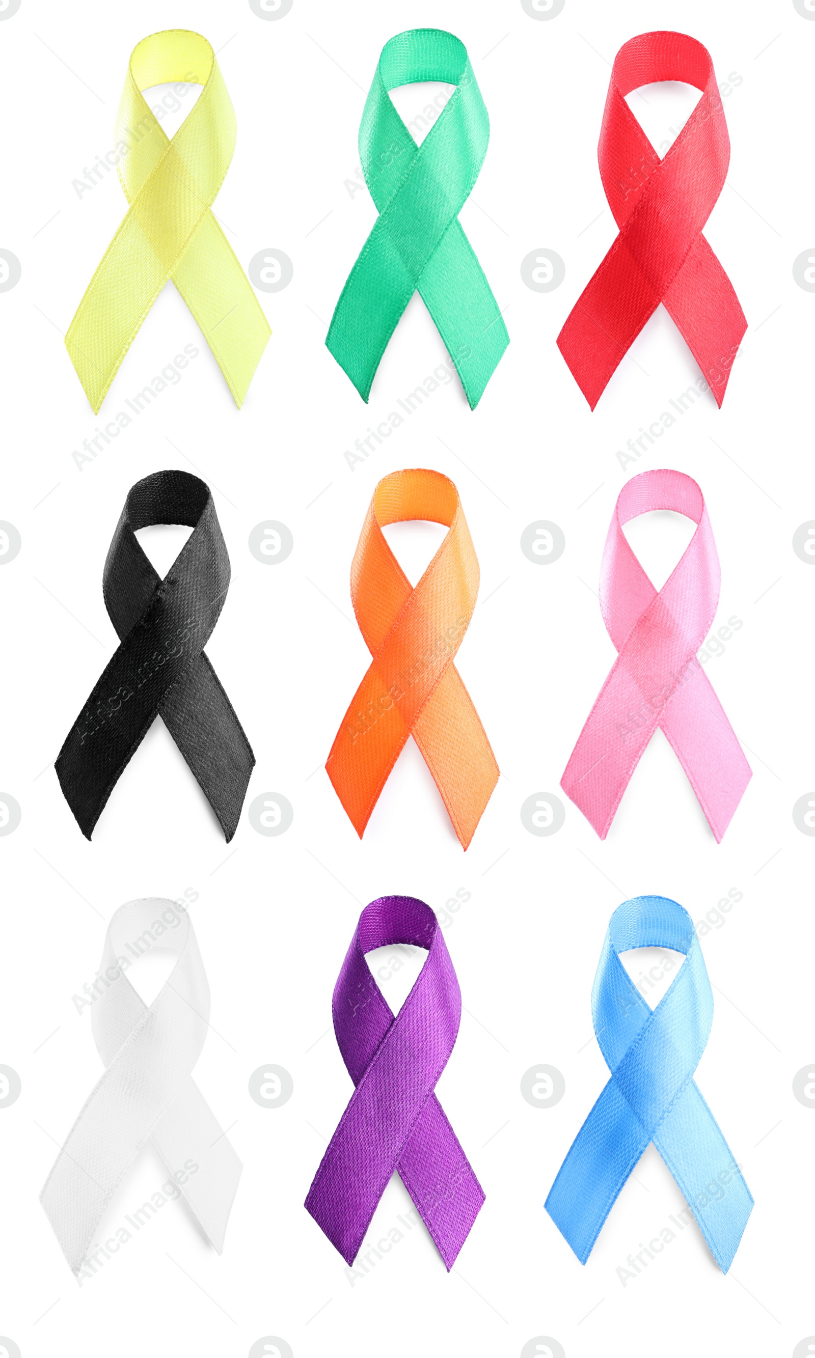 Image of Collection of different color ribbons on white background. World Cancer Day