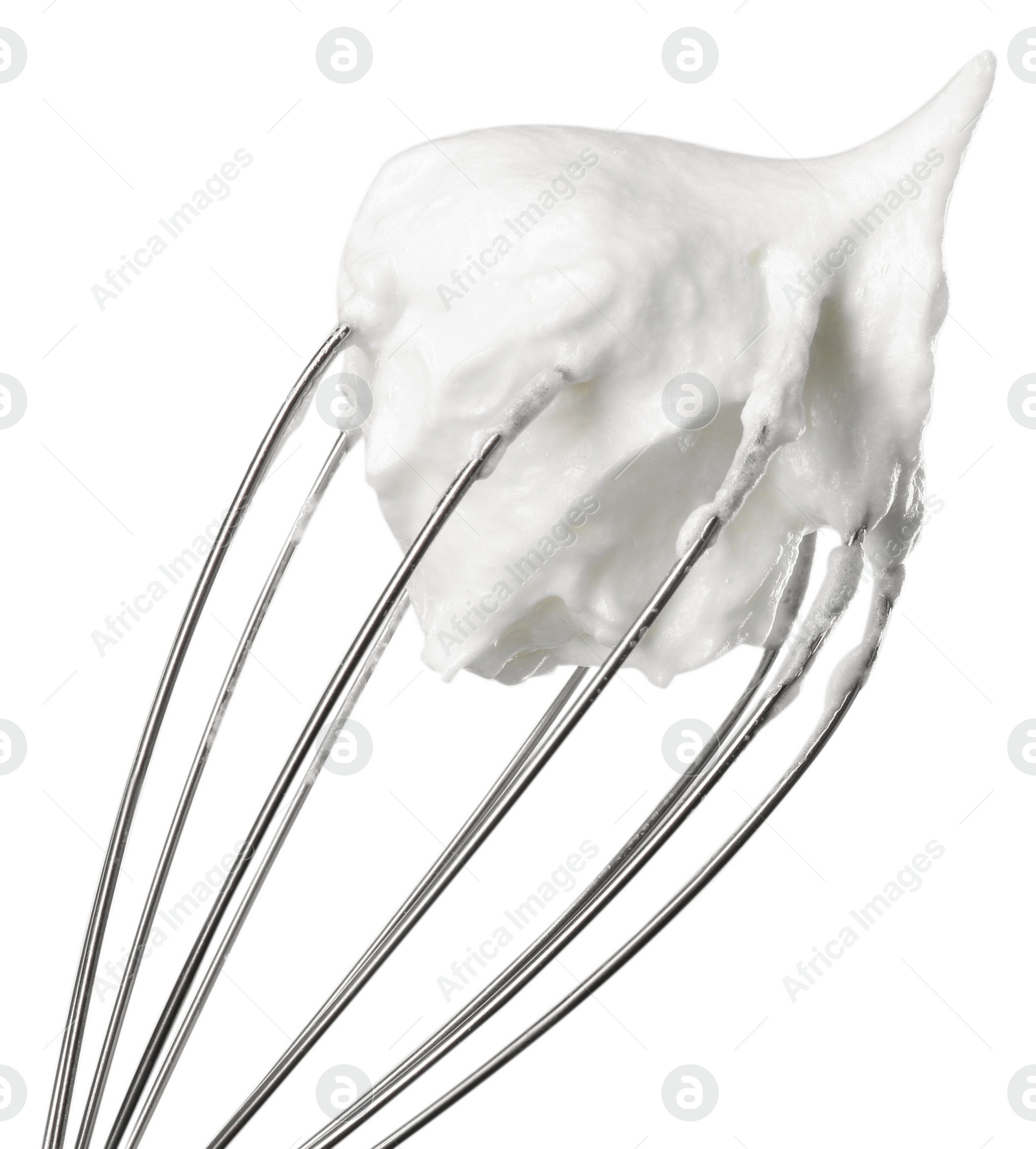 Photo of Whisk with whipped egg whites isolated on white