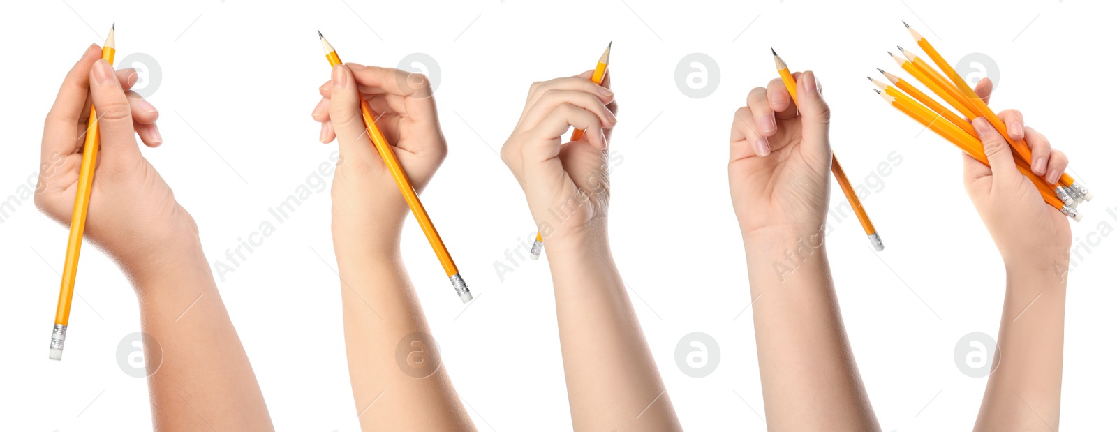 Image of Collage of woman holding pencils on white background, closeup 