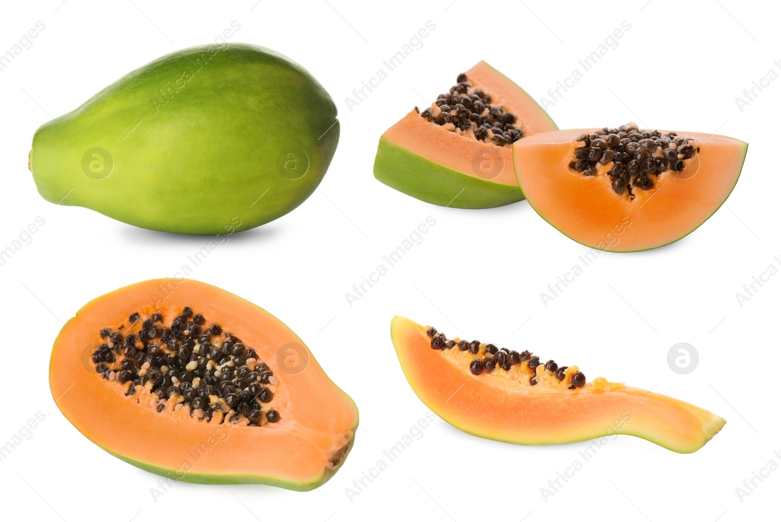 Image of Set with fresh ripe papaya fruits on white background