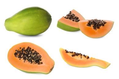 Set with fresh ripe papaya fruits on white background