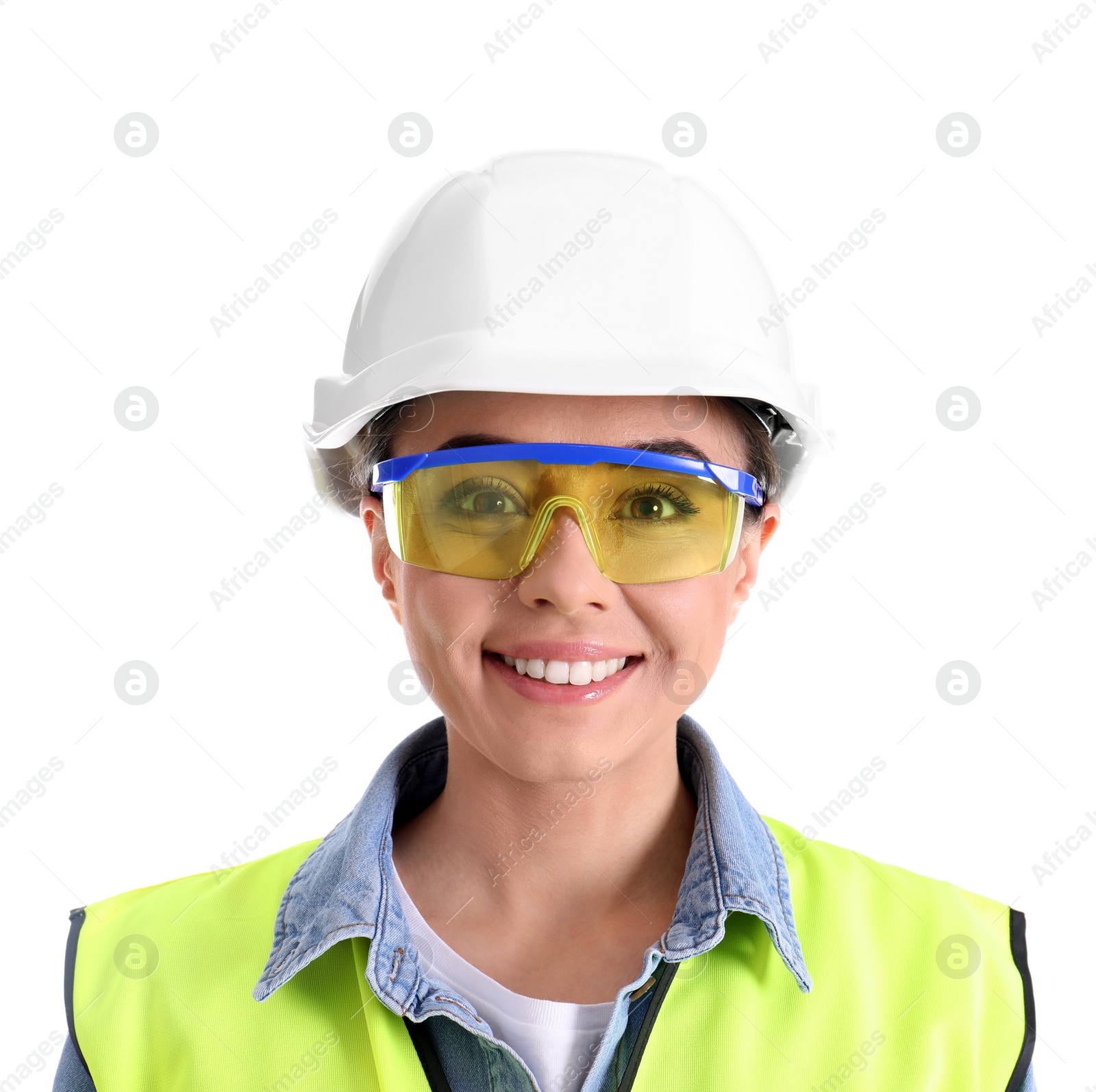 Photo of Female industrial engineer in uniform on white background. Safety equipment