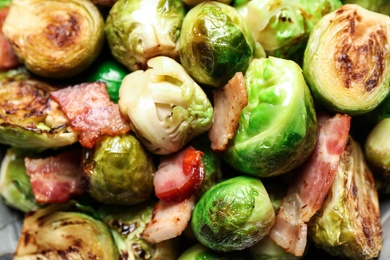 Closeup view of delicious Brussels sprouts with bacon