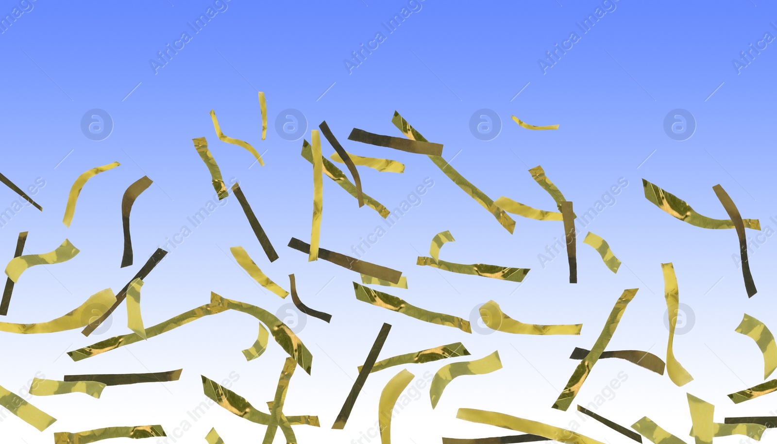 Image of Shiny golden confetti falling on gradient blue background. Banner design