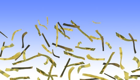 Image of Shiny golden confetti falling on gradient blue background. Banner design
