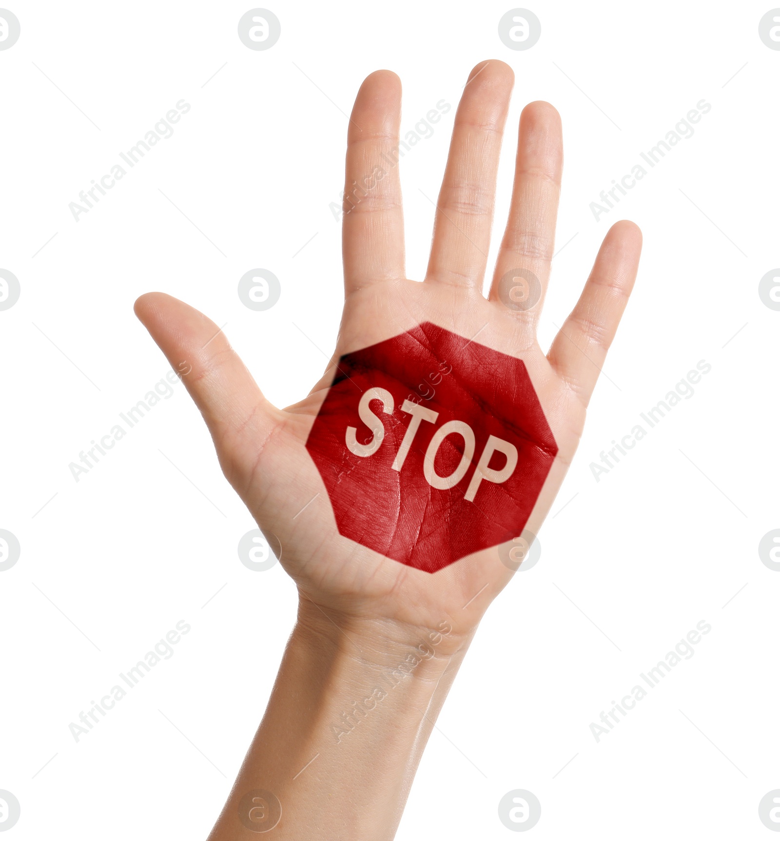 Image of Woman showing palm with drawn STOP sign on white background, closeup