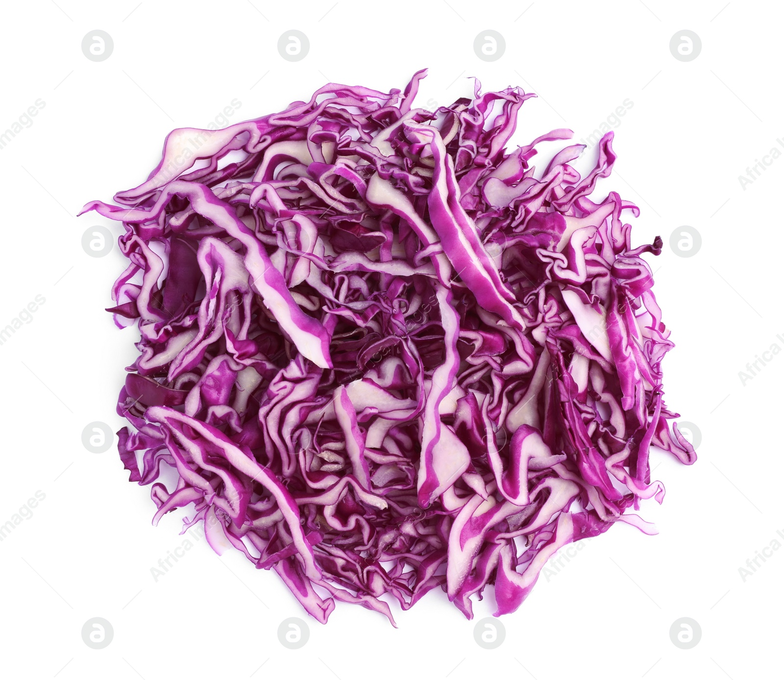 Photo of Shredded fresh red cabbage isolated on white, top view