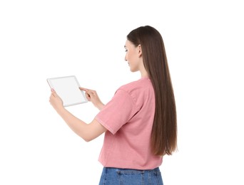 Photo of Woman using tablet with blank screen on white background. Mockup for design