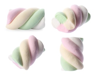 Set with tasty colorful marshmallows on white background