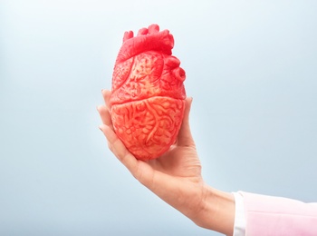 Photo of Woman holding model of heart on light background. Heart attack concept
