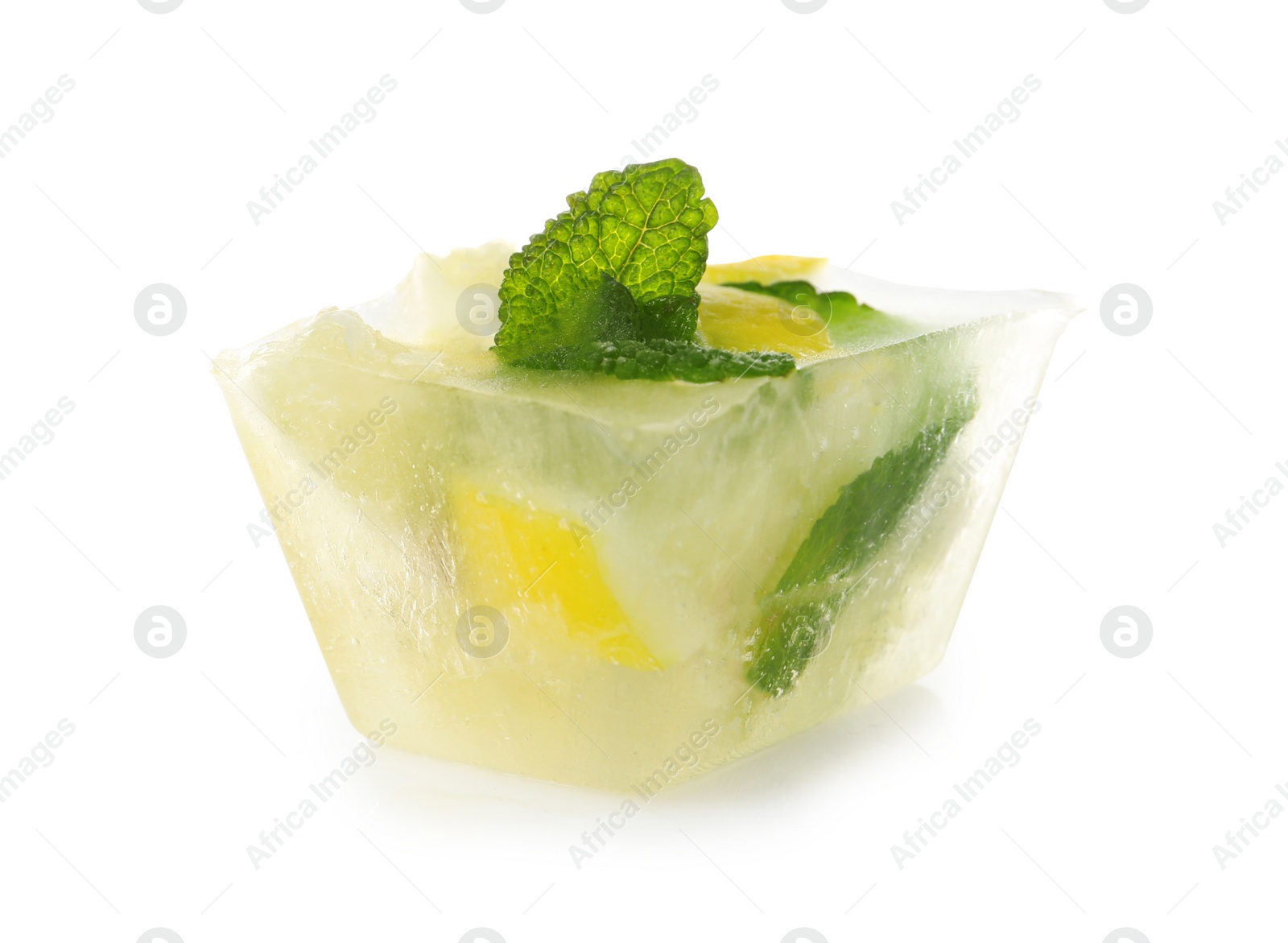 Photo of Ice cube with mint and lemon on white background
