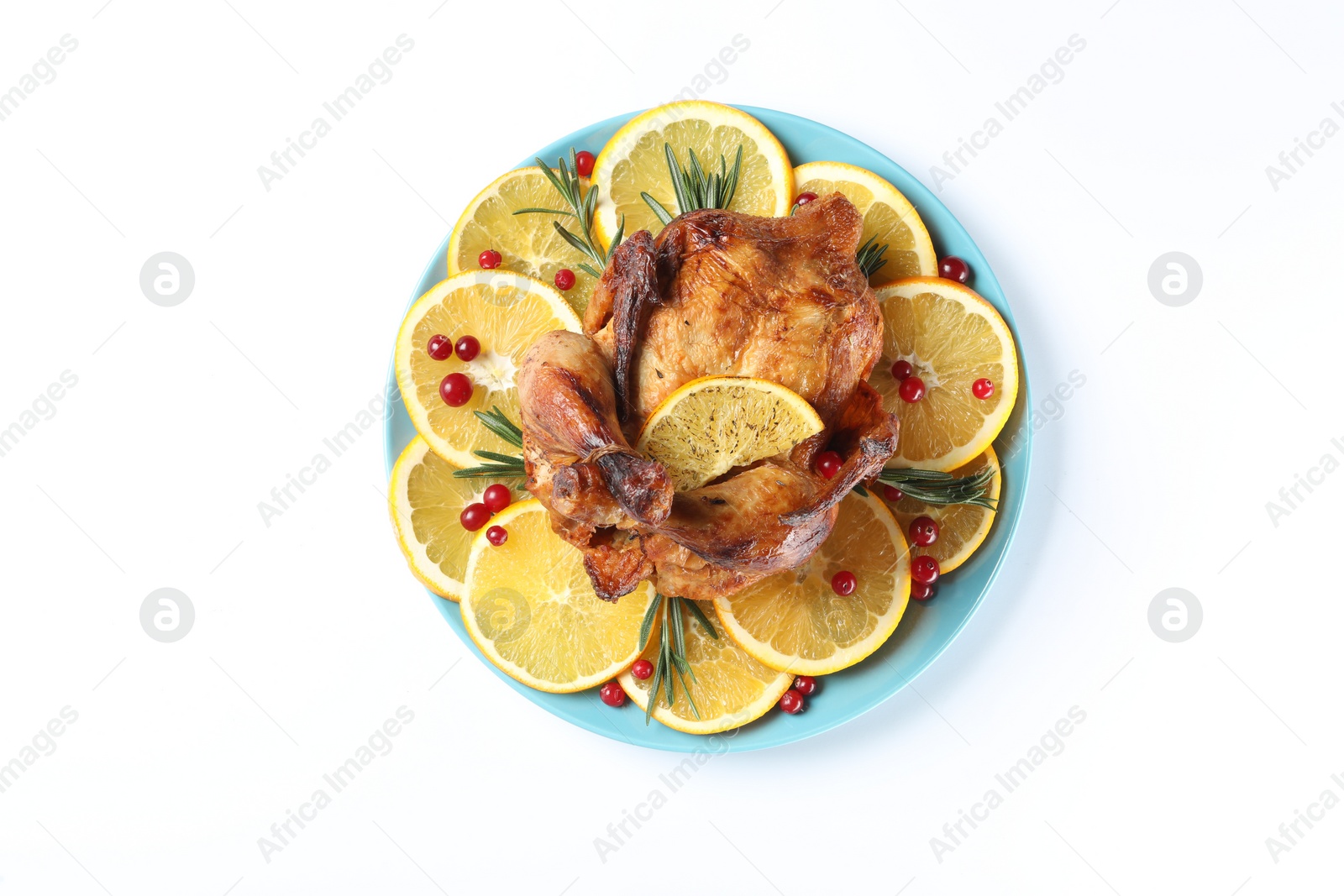 Photo of Chicken with orange slices isolated on white, top view