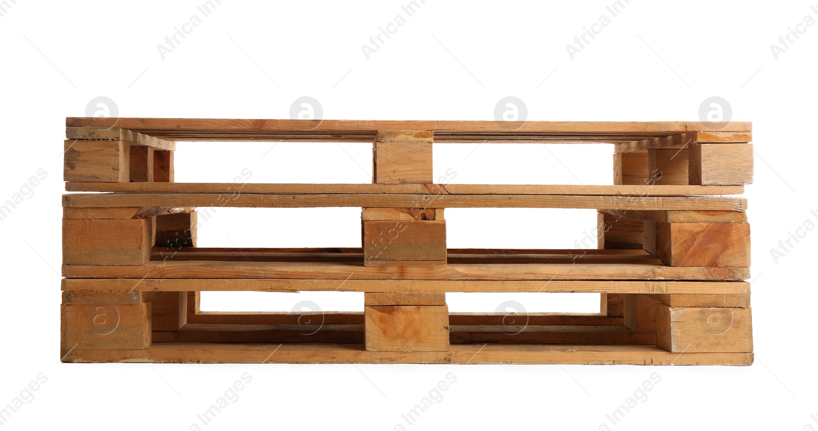 Photo of Stacked wooden pallets isolated on white. Transportation and storage