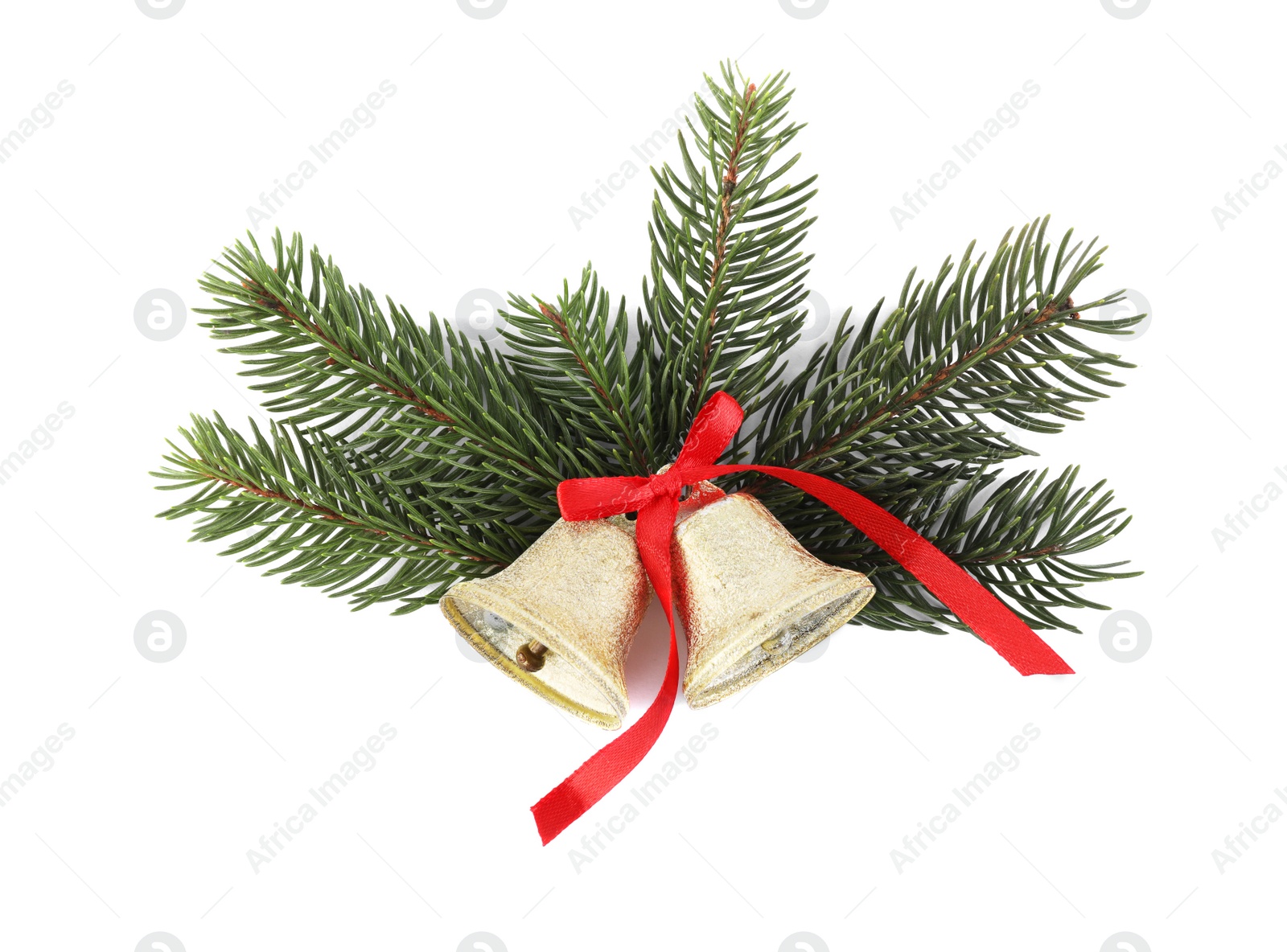 Photo of Golden shiny bells with bow and fir branches isolated on white. Christmas decoration