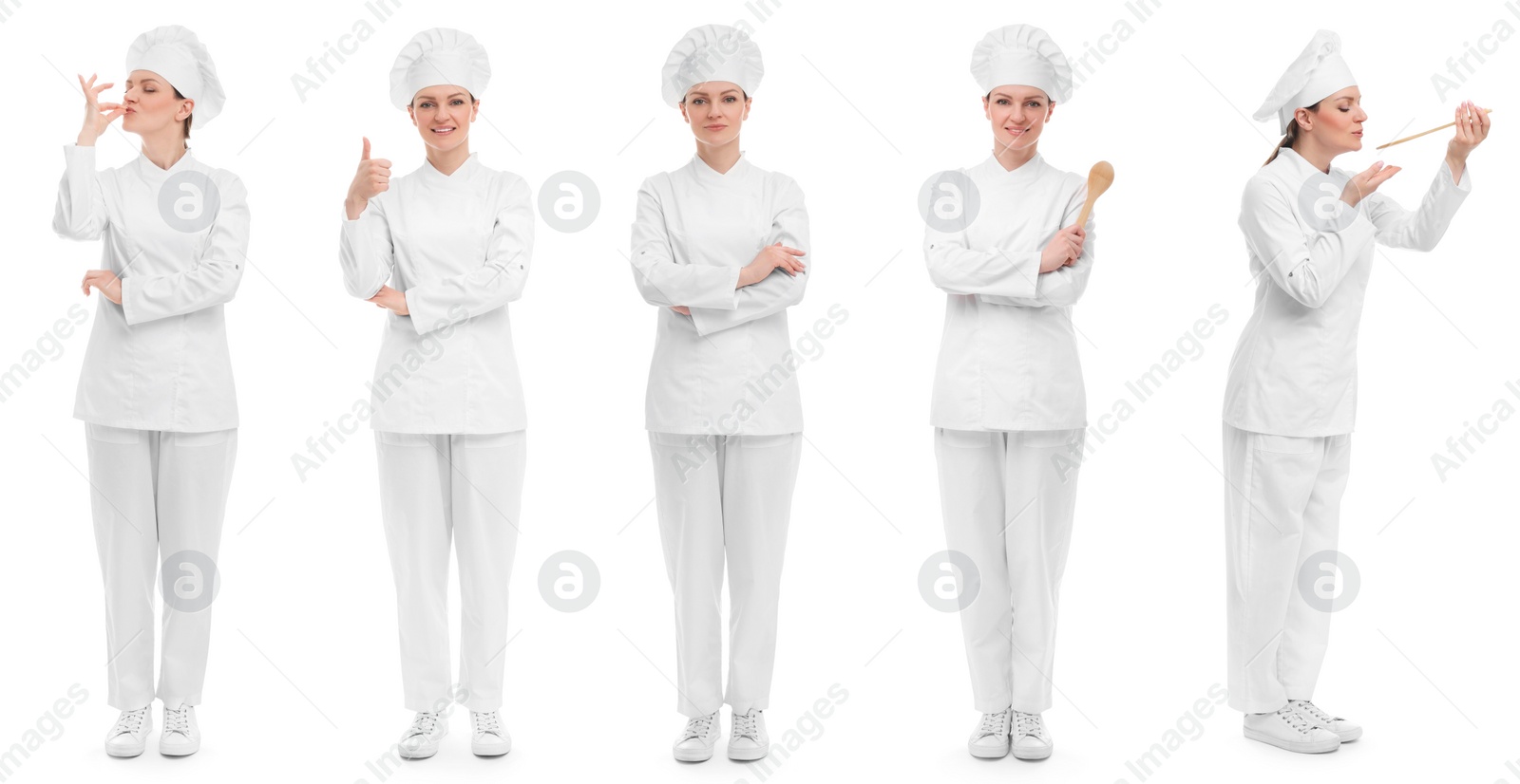 Image of Chef in uniform on white background, set with photos