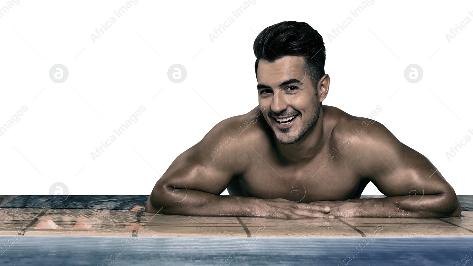 Image of Young athletic man in swimming pool against white background