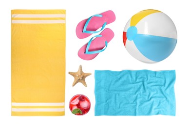 Image of Set with towels and other beach accessories on white background