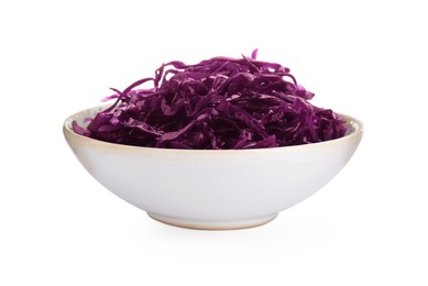 Photo of Bowl with tasty red cabbage sauerkraut isolated on white