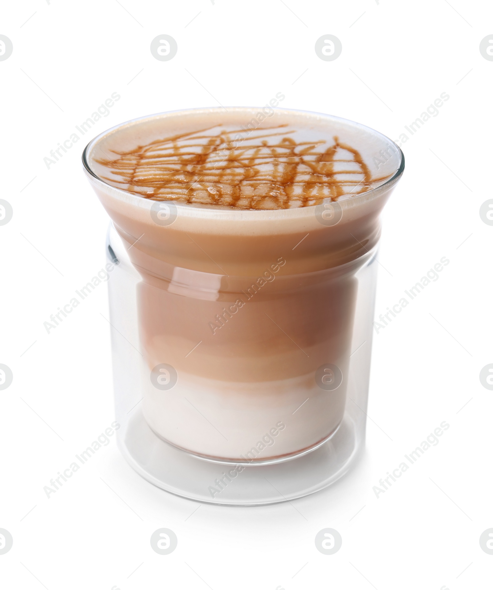 Photo of Glass of caramel macchiato on white background