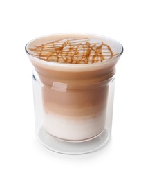 Photo of Glass of caramel macchiato on white background