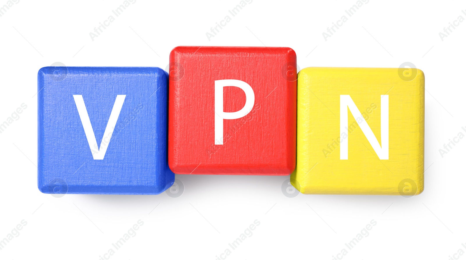 Photo of Colorful cubes with acronym VPN on white background, top view