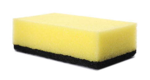 Photo of Yellow cleaning sponge with abrasive black scourer isolated on white