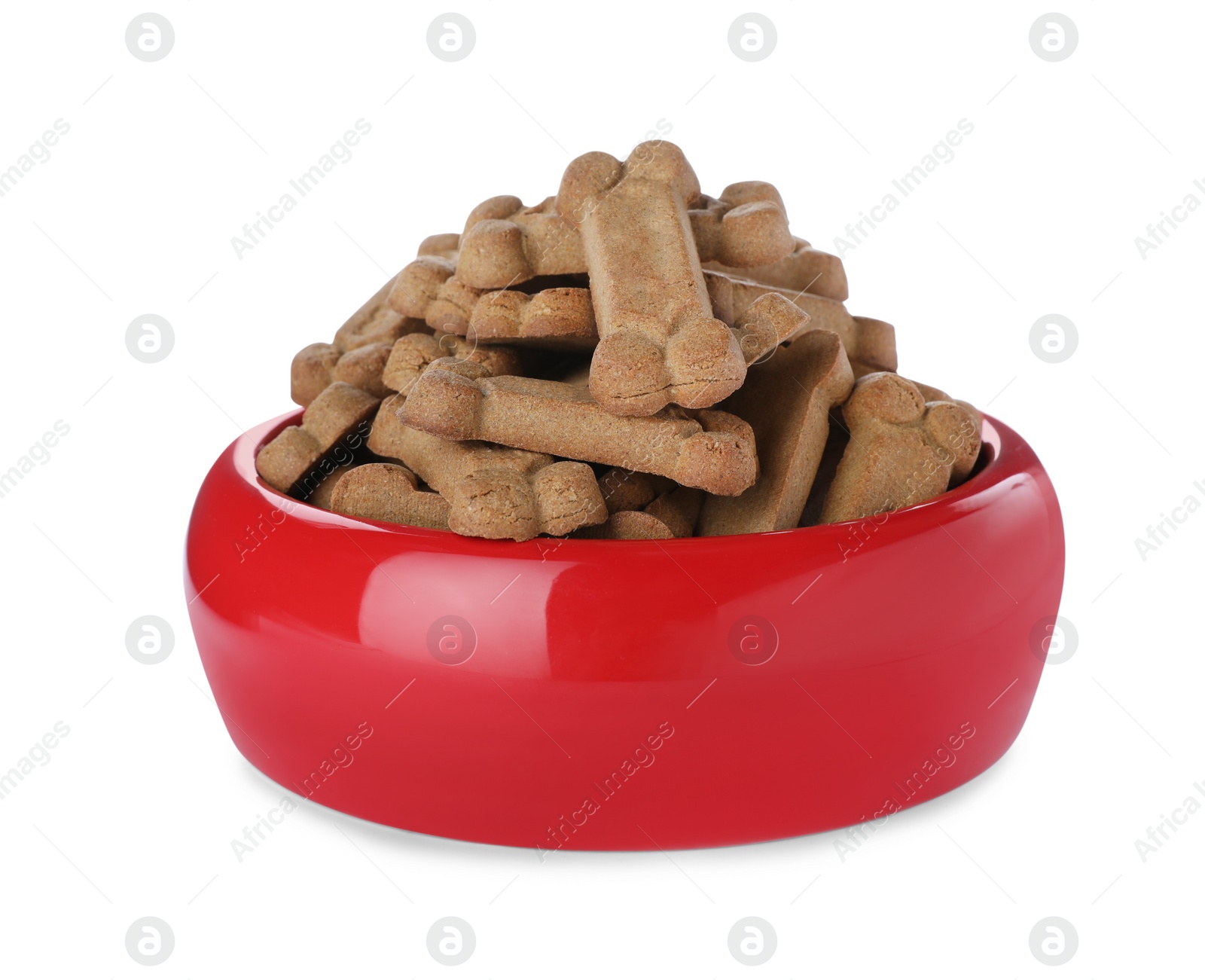 Photo of Bone shaped dog cookies in feeding bowl isolated on white