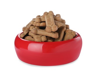 Bone shaped dog cookies in feeding bowl isolated on white