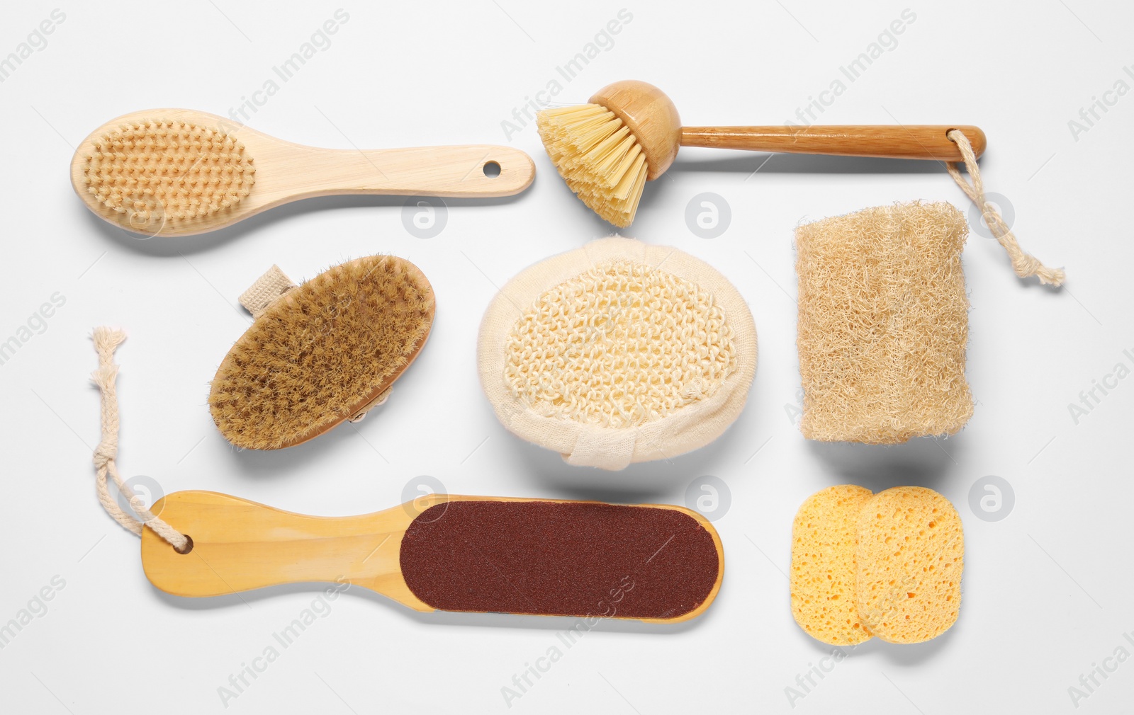 Photo of Bath accessories. Flat lay composition with personal care tools on white background